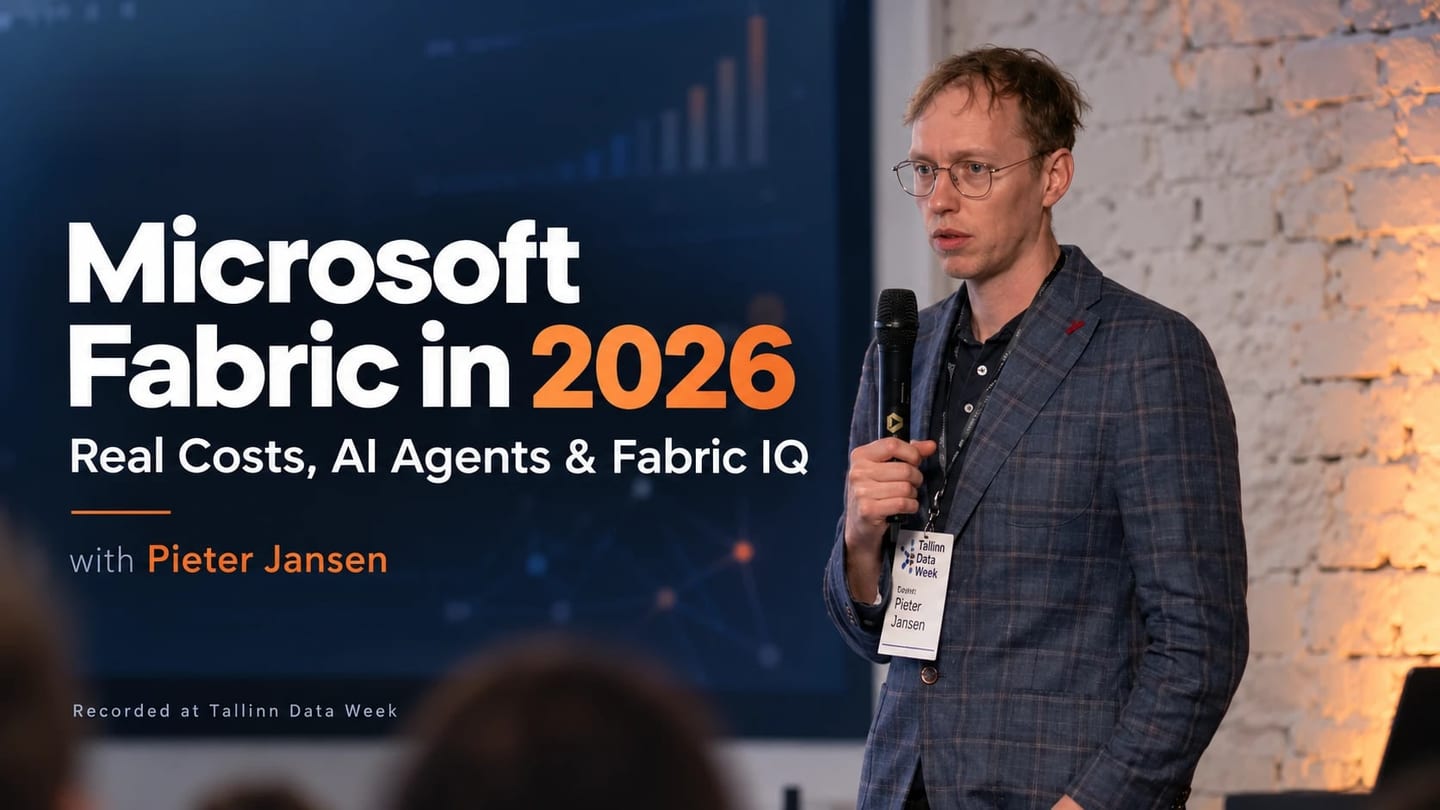 Pieter Jansen speaking at Tallinn Data Week, with his talk title about real costs, AI agents and Fabric IQ in 2026